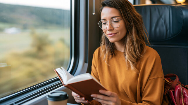 Woman commuting on train reading a book, embracing literature and education during daily travel, wearing glasses