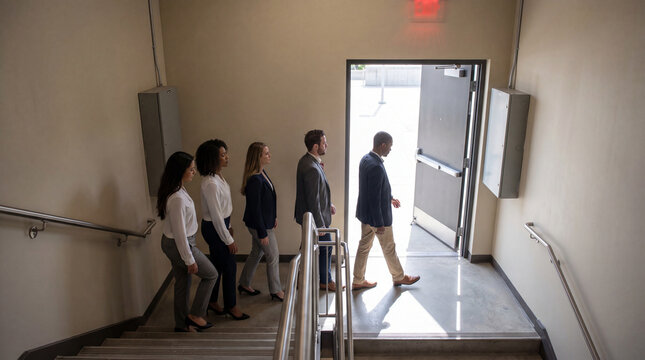 Employees approaching final exit during orderly building evacuation drill