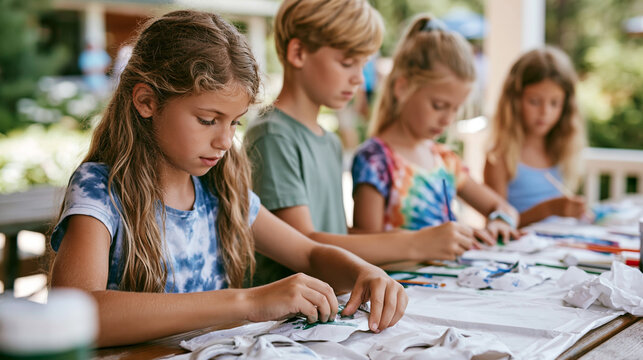 Children decorating t shirts in an outdoor art workshop focusing on creativity and summer camp activities