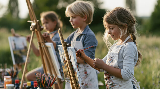 Children painting outdoors on easels, learning landscape art in a summer field, focusing on creative development