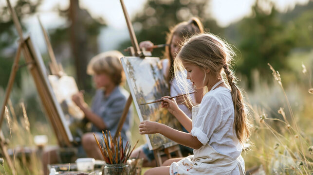 Children painting nature outdoors, creating landscape art on easels during a summer art class for kids