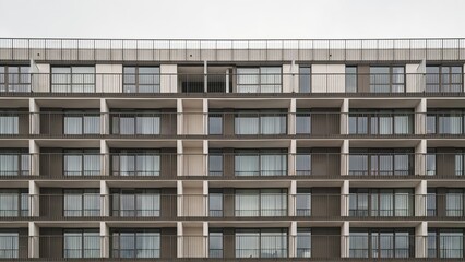Obraz premium Apartment building facade shows a rhythmic pattern of balconies and windows spanning across multiple stories of the structure.