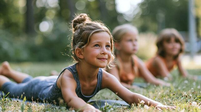 Group of small children enjoying a kids yoga session on mats outdoors. Focusing on mindfulness, health, and exercise