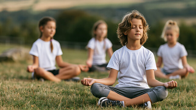 Children practicing yoga outdoors, meditating in lotus position, finding calm and mindfulness in nature