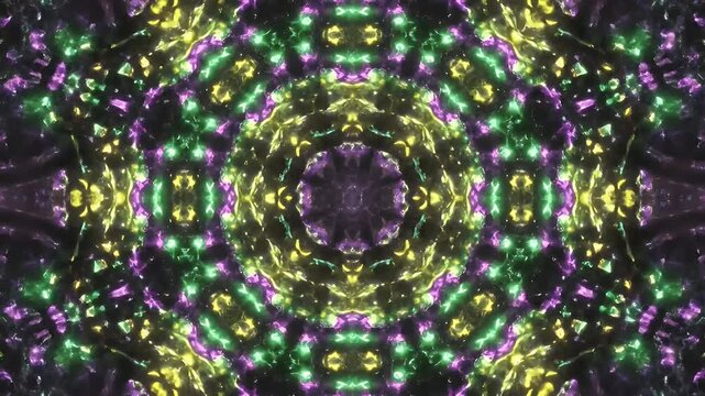 Intricate neon kaleidoscopic pattern of emerald and magenta floral mandalas