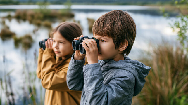 Children exploring nature with binoculars, learning about wildlife, discovering the environment by a lake