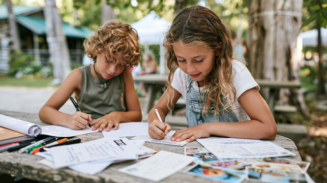 Children creating art and drawing postcards outdoors during summer camp, learning and focusing on creative activity