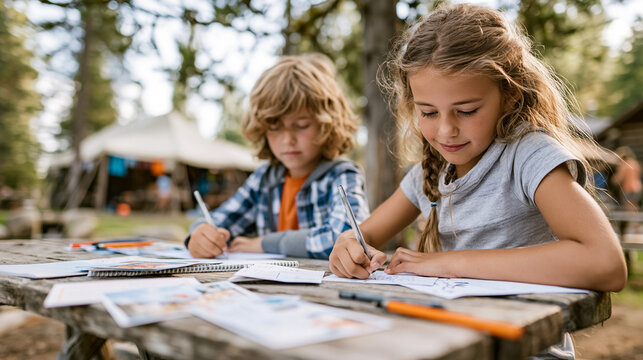 Children engaging in creative learning activities at a summer camp, drawing and writing on paper outdoors