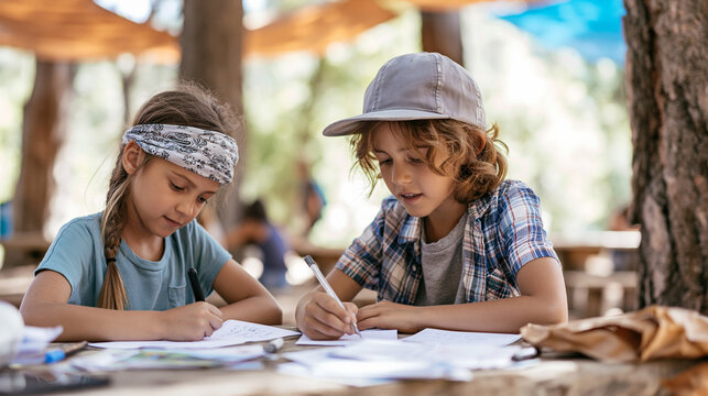 Children drawing and learning outdoors at summer camp, fostering creativity and education in a natural setting