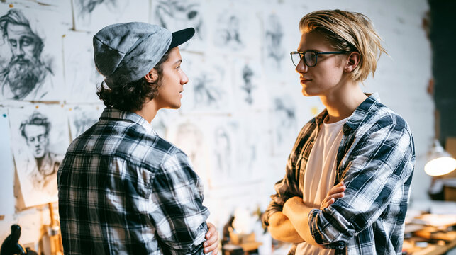 Young artists discussing art ideas in studio, sharing creative thoughts and collaborating on inspiration