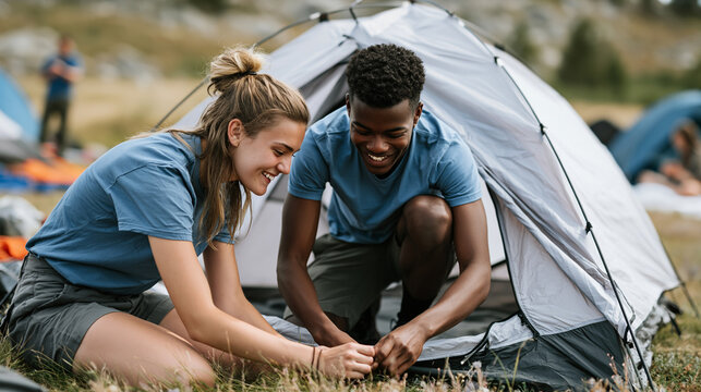 Diverse friends setting up camp outdoors, enjoying teamwork and leisure during a joyful summer vacation