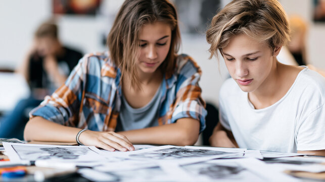 Teenagers learning art and design skills, studying sketches and collaborating on creative projects in a classroom