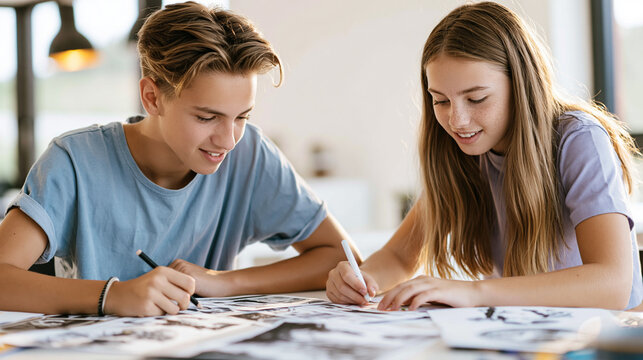 Teenagers drawing and sketching together in art class, students engaged in creative education and friendship