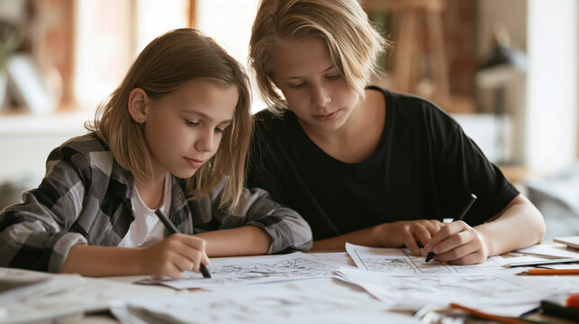 Children drawing comic strips together, young artists creating storyboard illustrations at home, engaging in creative art project