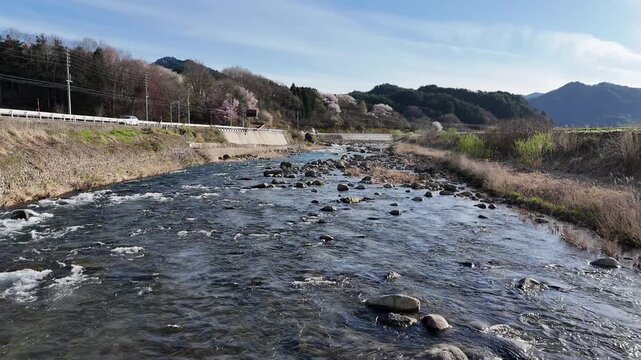 Clear stream rushes over smooth stones. Blue sky hangs above distant hills. Riverbanks hold dry grass and budding trees. Sunlight dances on moving water. Calm flow whispers through natural landscape