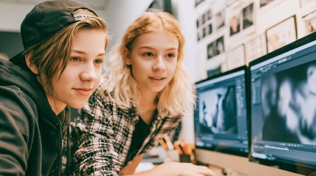 Two young students working together on computers in a classroom, focusing on screens displaying editing software