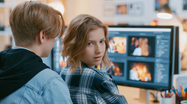 Teenagers learning video editing on computer, developing technical skills and digital media creativity