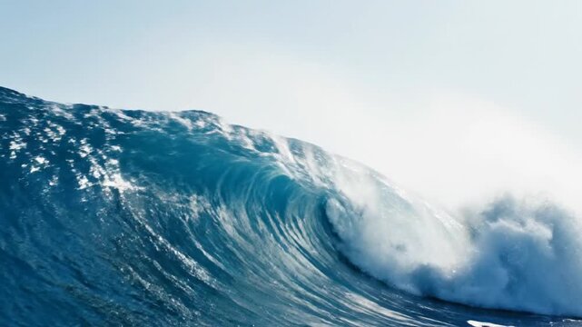 Powerful deep blue ocean wave breaking with white foam and mist spray against a clear sky. Massive swell forming a barrel in the sea under bright daylight, side view.