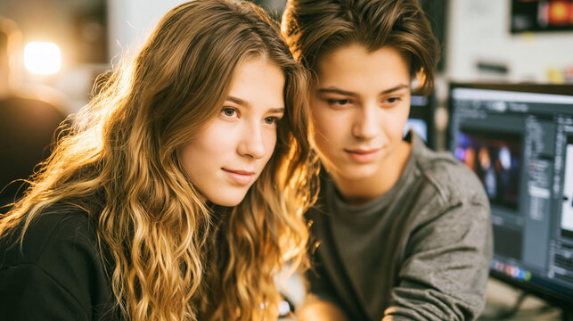 Two focused students working together on a computer, learning new skills during a collaborative educational design project