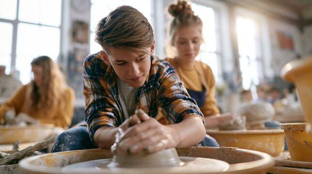 Teen boy shaping clay on a pottery wheel, learning ceramics in an art workshop, fostering creativity in class