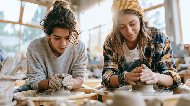 Young people learning pottery wheel skills in an art class, developing creativity and craftsmanship in ceramics workshop