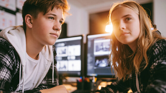 Teenagers collaborating on computer project in modern design studio, learning creative graphic software