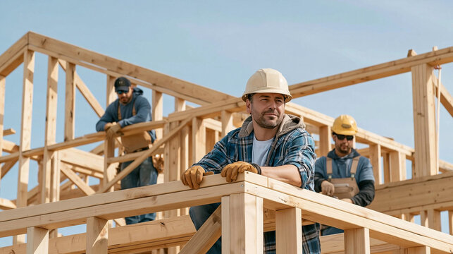 Construction workers building a house frame teamwork, carpenters creating new home structure under a clear sky