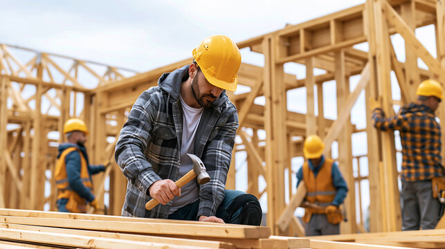 Construction workers erect a wooden house frame, while a carpenter hammers wood planks on a new residential project