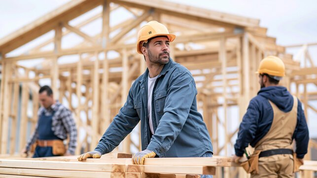 Construction worker in hard hat inspecting wood lumber at new house building site, a team constructing a home