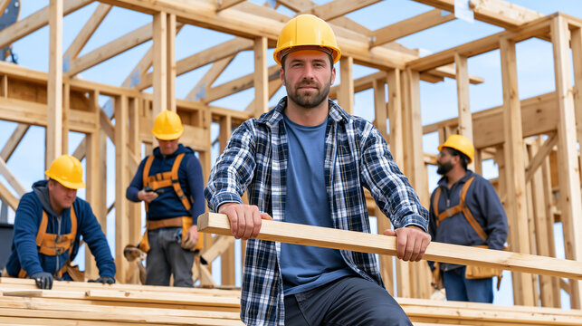 Construction worker standing with lumber, a crew building a house frame at a residential job site