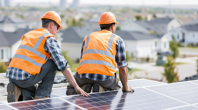 Workers installing solar panels on residential roof, bringing sustainable clean energy to homes