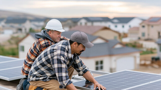 Installing solar panels on residential roof, two workers collaborating for a sustainable energy future and home efficiency