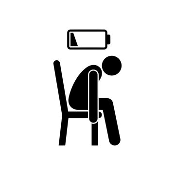 ​Tired businessman stick figure sitting on chair with low battery icon, burnout and chronic fatigue concept
