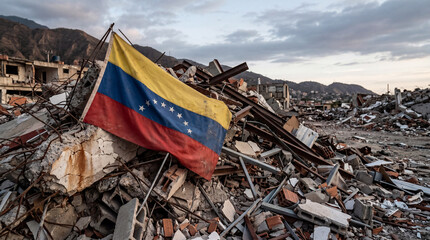 Fototapeta na wymiar Venezuelan flag placed on top of rubble from collapsed buildings. Earthquake devastation and structural damage in urban area. Natural disaster scene with ruined city environment.