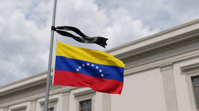 Venezuelan flag at half-mast with black mourning ribbon. Symbol of national tragedy and sorrow after earthquake disaster. Official state of emergency and collective grief for victims.