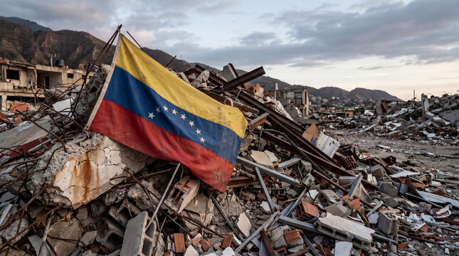 Venezuelan flag placed on top of rubble from collapsed buildings. Earthquake devastation and structural damage in urban area. Natural disaster scene with ruined city environment.