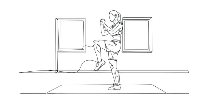 Woman performing standing knee raise with resistance band for fitness.