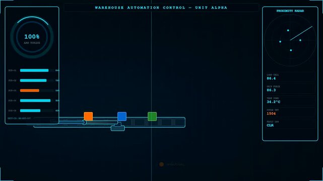 Dark warehouse robotics interface displays moving mechanical arms and digital gauges tracking automated industrial production cycles on a glowing neon blue monitor screen in a factory