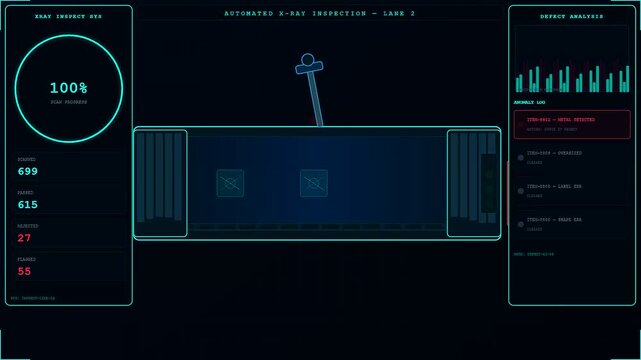 Dark warehouse robotics digital interface displays scan progress of inventory parts moving along an automated manufacturing conveyor line while tracking various defect analysis reports on screen