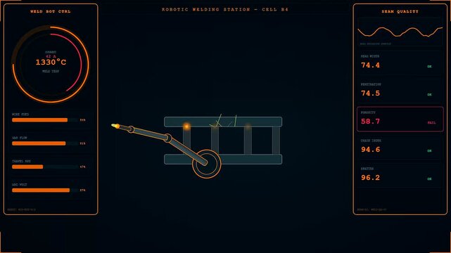 Dark warehouse robotics interface displays show real time welding status metrics with glowing orange sensor data and mechanical arm movement simulation across triple screen digital monitoring system
