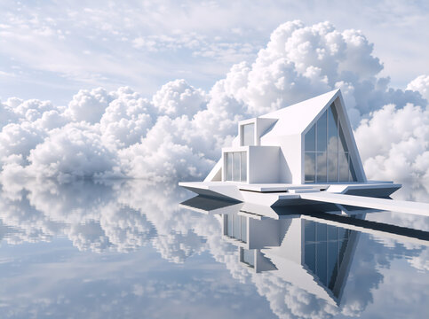 Modern white minimalist house floating on water. Surreal architectural concept with large clouds and reflection