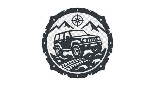 Adventure badge with SUV compass and mountains.