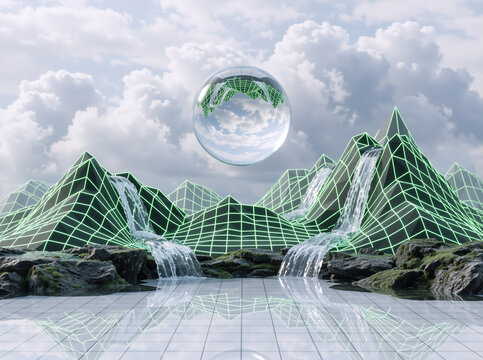 Surreal digital landscape with wireframe mountains and realistic waterfalls. Floating glass sphere over reflective grid floor in virtual reality concept