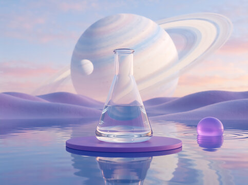 Clear glass flask on a purple podium in water. Surreal alien landscape with a ringed planet in a pastel sky. Futuristic science and space exploration concept