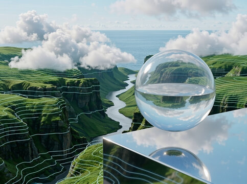 Transparent glass sphere on a mirrored cube reflecting a green valley. Natural landscape with glowing topographical contour lines. Futuristic digital mapping and data visualization concept
