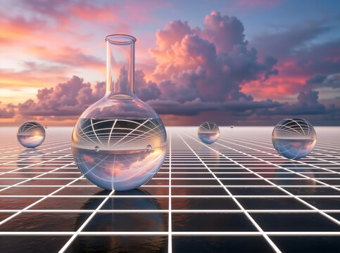 Round glass flask and spheres on a glowing grid surface. Dramatic sunset sky with pink and orange clouds reflected on a glossy floor. Futuristic science and virtual reality concept