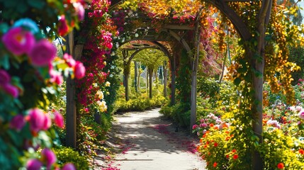 Fototapeta premium A Sunlit Colorful Garden Archway Tunnel Framed by Blooming Roses and Vines