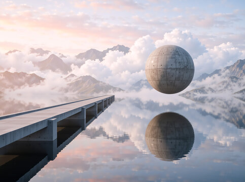 Heavy concrete sphere hovering over water next to a pier in a surreal landscape. Futuristic floating brutalist ball reflecting in a still lake with mountains and clouds