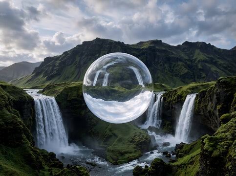 Clear glass sphere floating in front of lush green waterfalls. Optical illusion of inverted landscape refracted through a transparent crystal ball