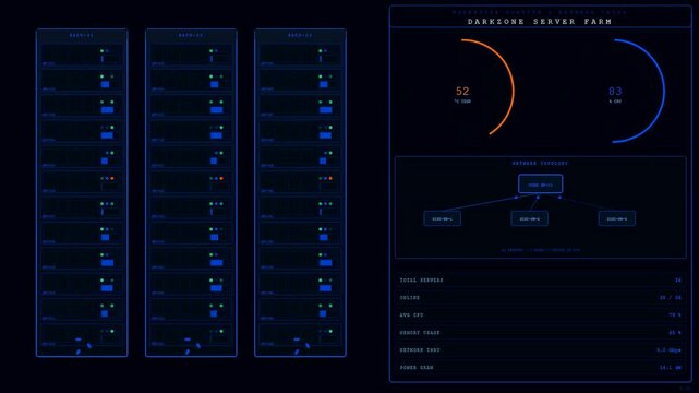 the dark warehouse robotics monitoring dashboard interface displays digital server racks with blue glowing status bars and changing analytical system metrics on a dark glass monitor